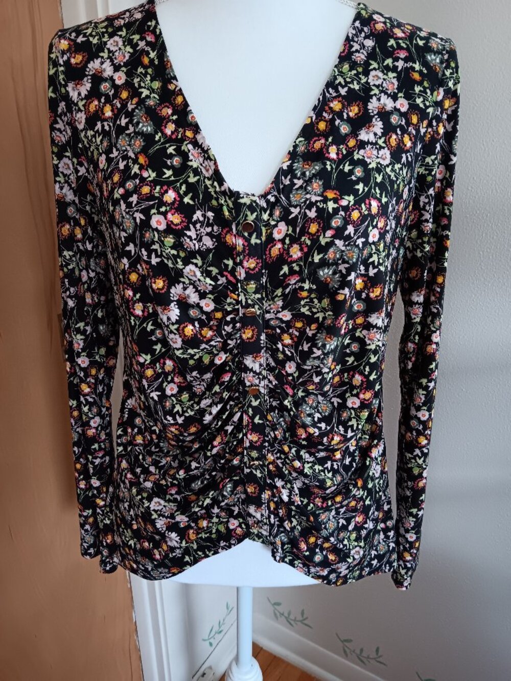 Floral ruched front button top
